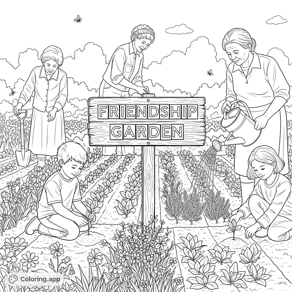 A heartwarming coloring page depicting a multi-generational community joyfully planting flowers, vegetables, and herbs together in a vibrant garden.