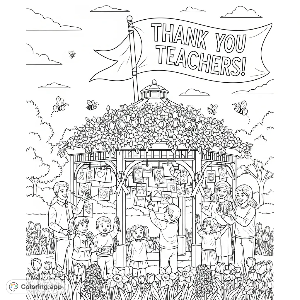 A heartfelt community park scene where families and children decorate a gazebo with handmade cards and spring flowers to thank teachers.
