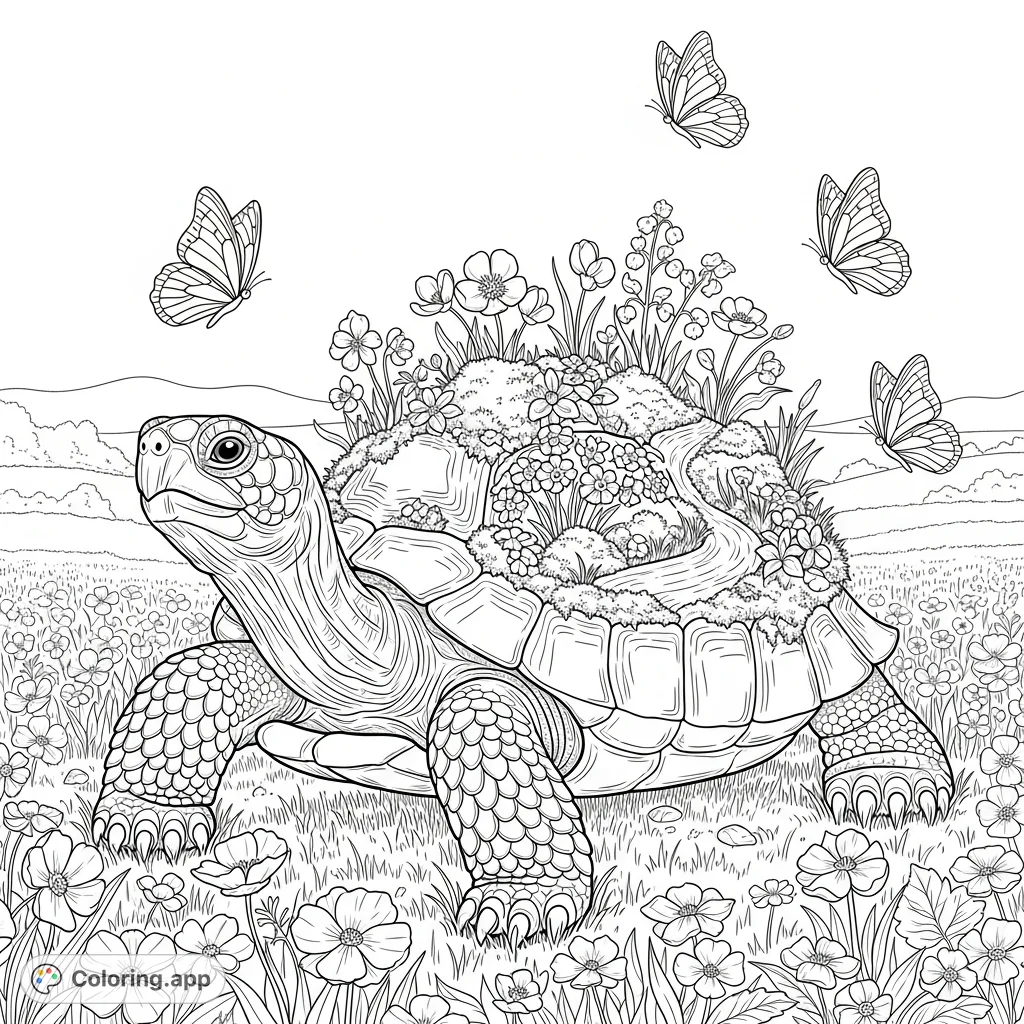 A magnificent, gentle turtle carries a miniature spring garden on its shell, adorned with wildflowers, moss, and tiny streams, amidst a field of blossoms.