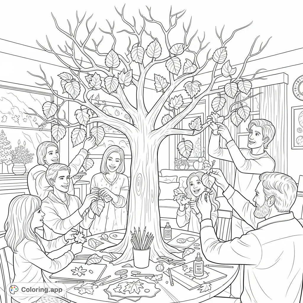 A heartwarming scene of family or friends creating a 'Gratitude Tree' art project, with each leaf representing a unique expression of appreciation.