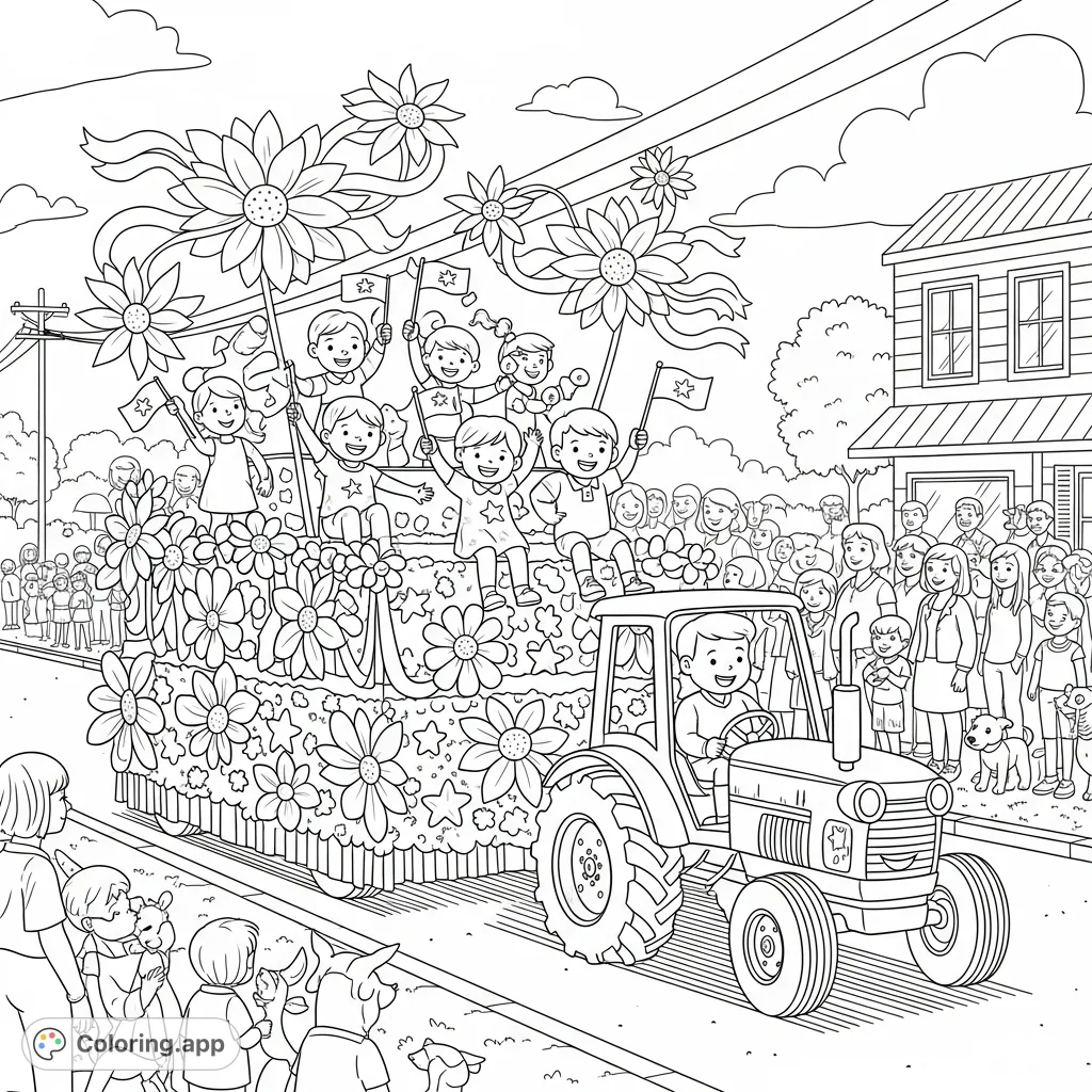 A vibrant Independence Day parade float, decorated with flowers, stars, and ribbons, carries children waving flags. A cheerful tractor pulls it past families and animals.