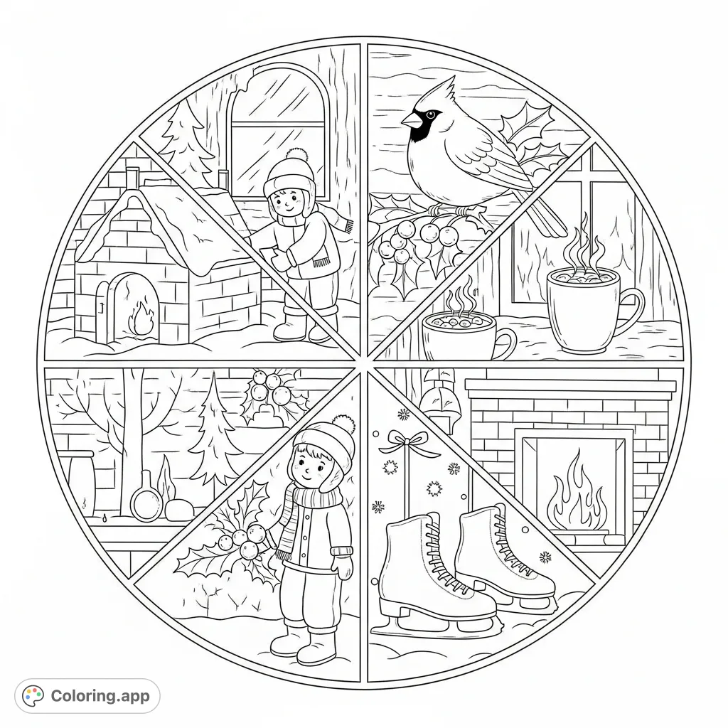 A complex winter mandala featuring heartwarming miniature scenes: a child building a snow fort, a cardinal on holly, hot cocoa, and ice skates by a fireplace.