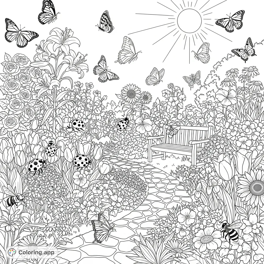 Explore a flourishing butterfly garden under the summer sun, filled with diverse flowers, fluttering butterflies, busy bees, and a charming stone path.