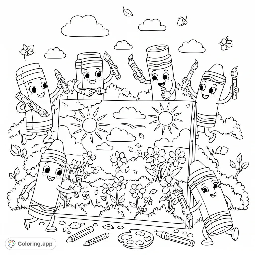 A whimsical coloring page featuring happy anthropomorphic crayons magically drawing a vibrant spring world of flowers, skies, and leaves on a giant canvas.