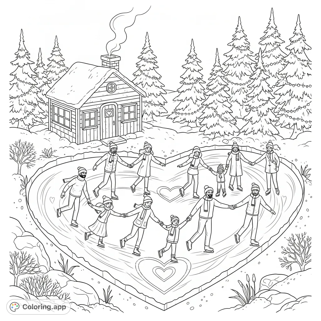 A delightful coloring page featuring diverse friends and families ice skating on a heart-shaped pond, surrounded by festive trees and a cozy warming hut.