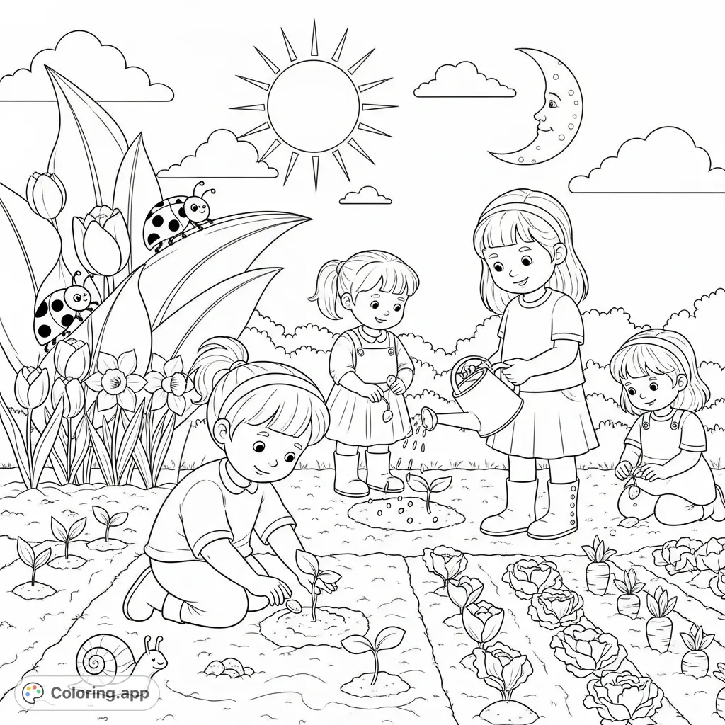 A heartwarming community garden scene with children planting and watering amidst emerging spring flowers and tiny vegetables. A sun and moon share the sky.