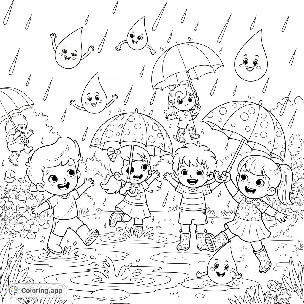 A delightful coloring page depicting cheerful cartoon characters playing in a refreshing spring rain. Features animated raindrops, splashing puddles, and vibrant flora.