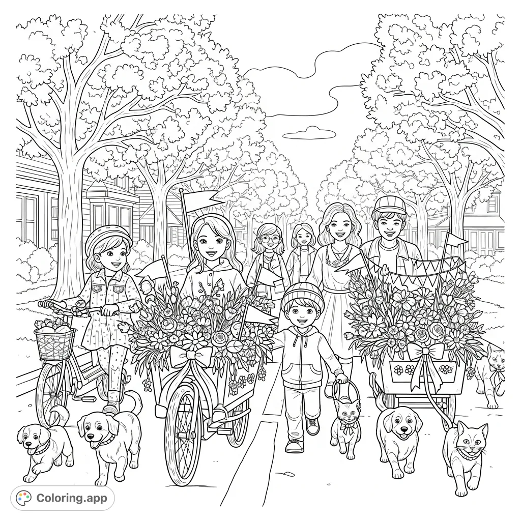 Celebrate spring and remembrance with a joyful community parade. Children, families, and pets adorn blossom-lined streets with decorated wagons and bikes, featuring flowers, ribbons, and flags.