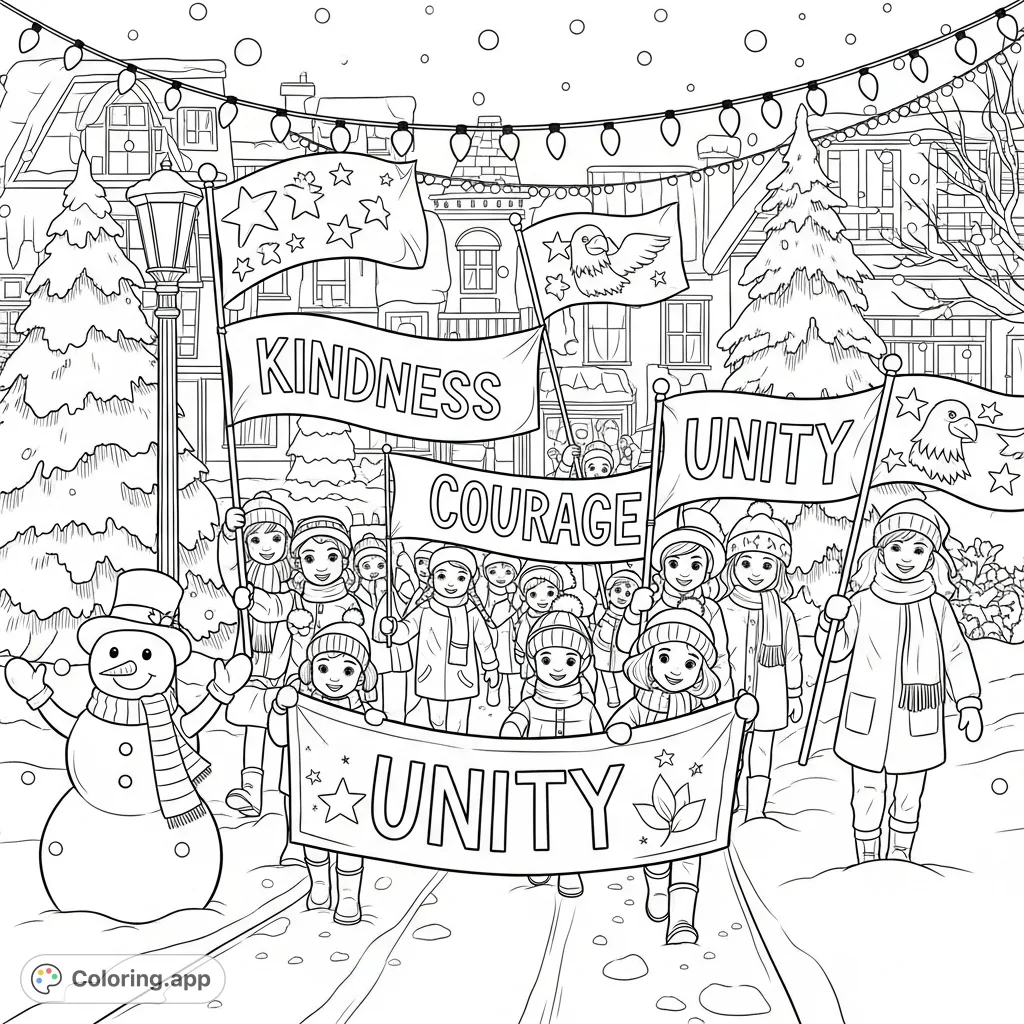 A delightful winter parade featuring diverse families, children, colorful banners, whimsical flags, and a cheerful snowman in a snow-covered town square.