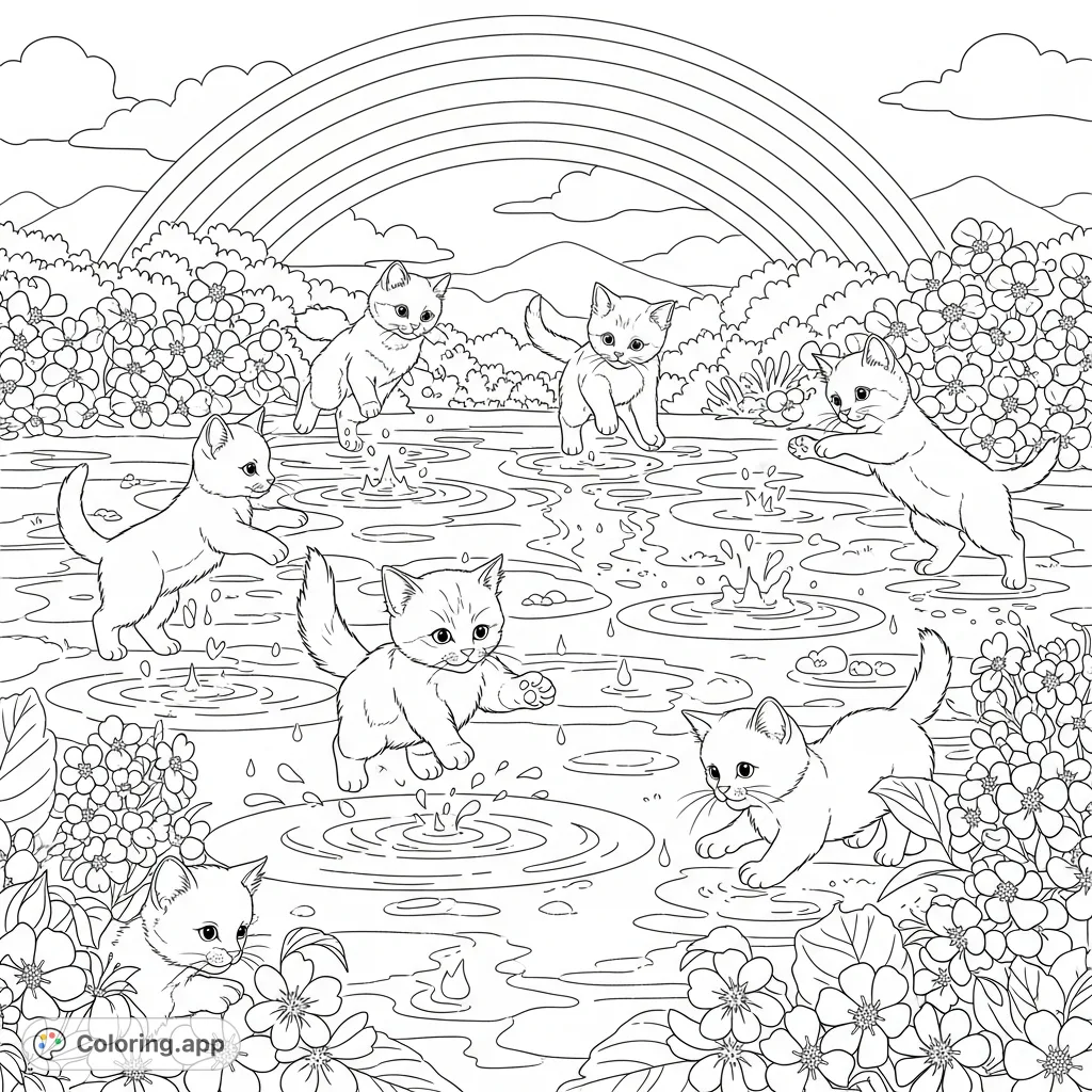 Adorable kittens frolic amidst sparkling puddles and vibrant spring flowers after a gentle rain, with a cheerful rainbow arching overhead.