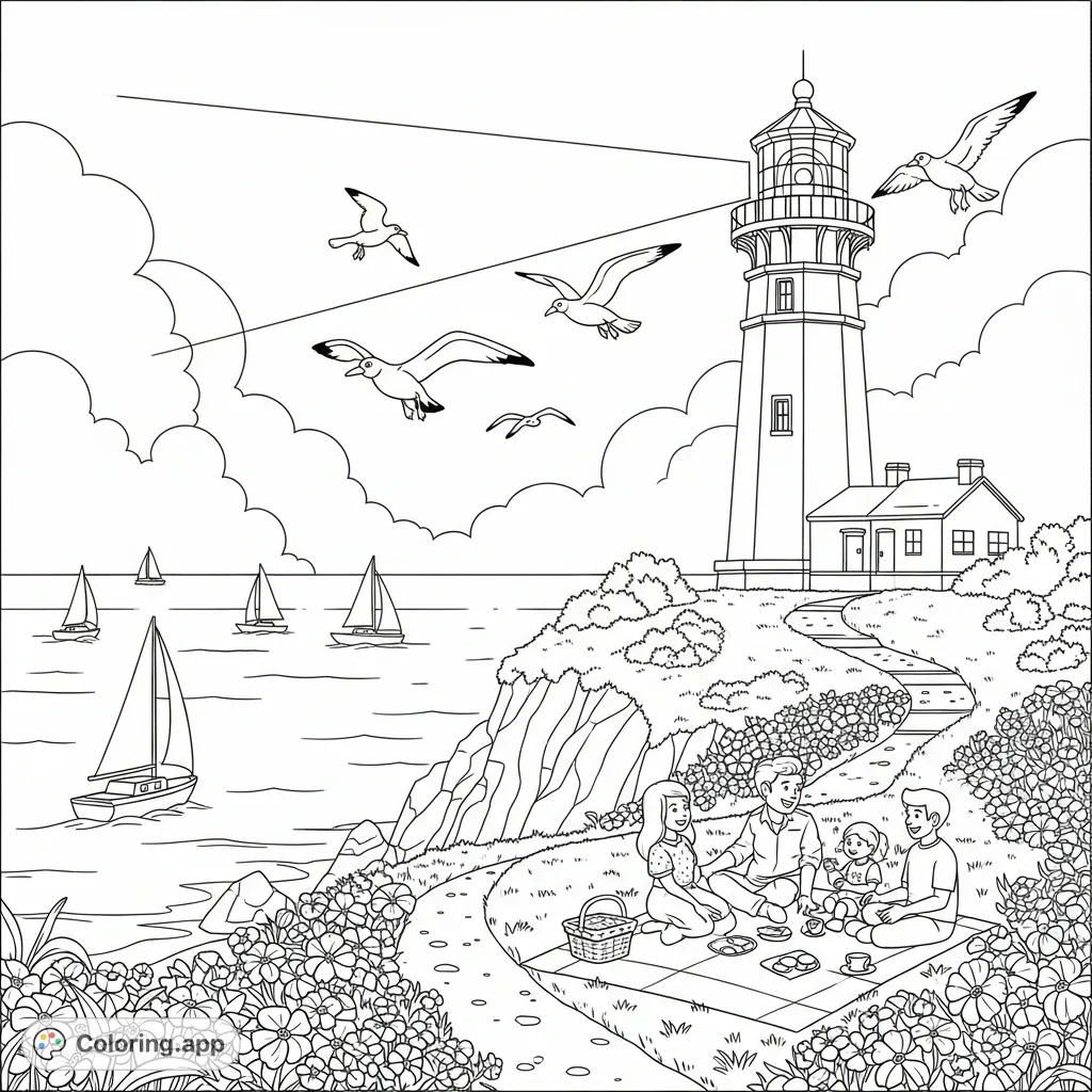 A cheerful coloring page featuring a majestic lighthouse, happy sailboats, playful seagulls, blooming wildflowers, and a family enjoying a picnic on a sunny cliff.