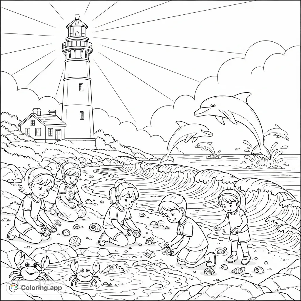 A detailed coloring page featuring a majestic lighthouse, happy children collecting seashells, friendly crabs in tide pools, and dolphins playing in ocean waves.
