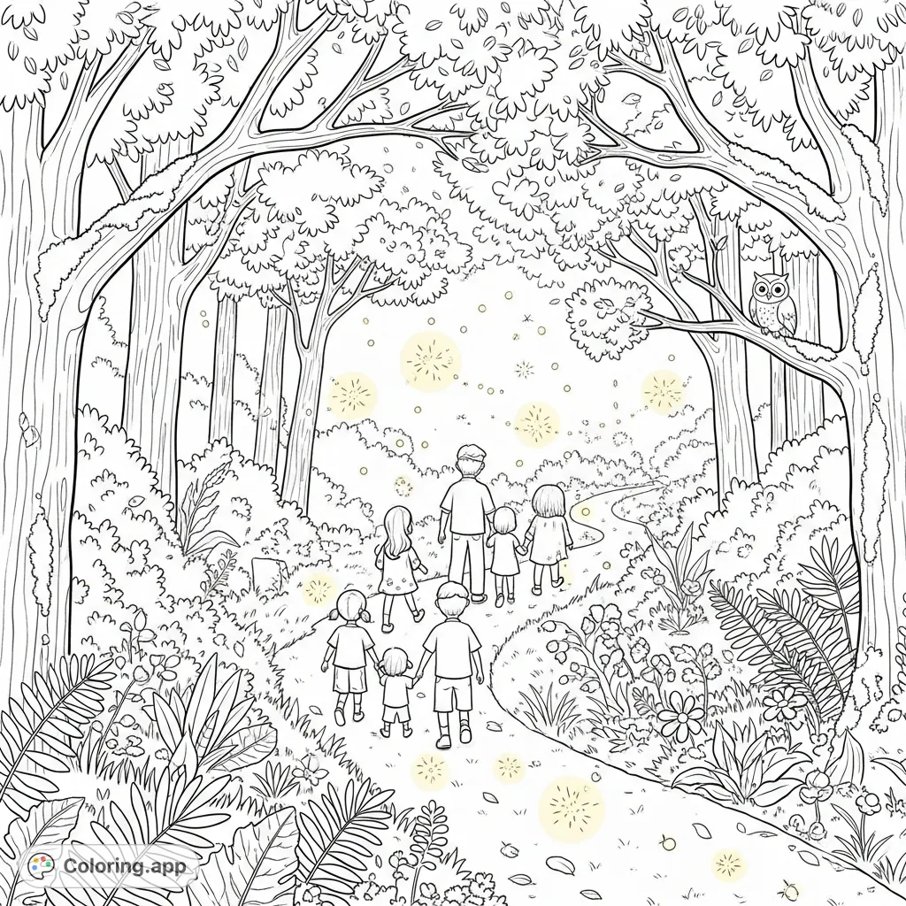 A serene summer evening stroll through a gentle forest path. Countless fireflies glow softly, illuminating the way for a family or friends exploring the magical night under a tree canopy.