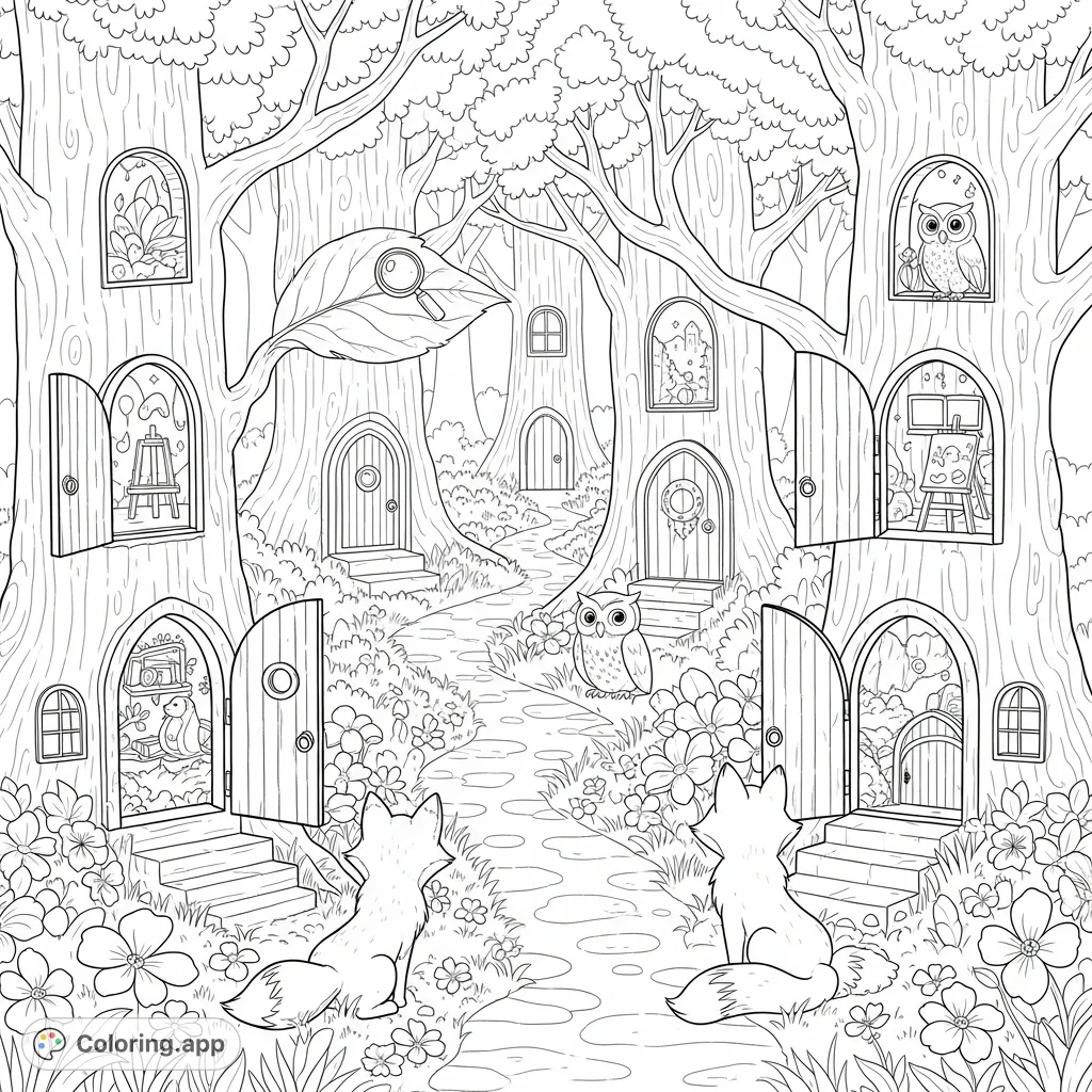 Explore a magical spring forest path with ancient, blooming trees featuring tiny, ornate doors. Discover miniature worlds, friendly creatures, and vibrant flowers.