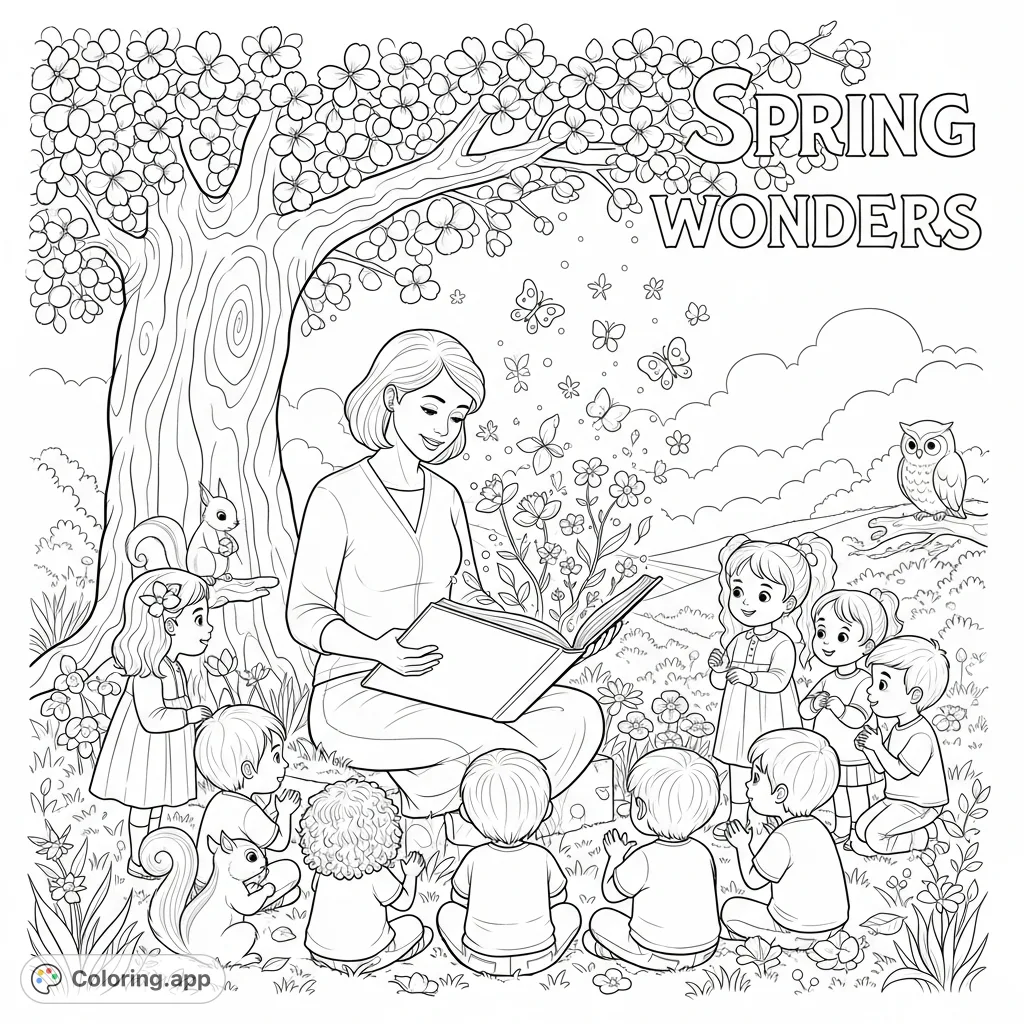 A heartwarming scene: a teacher reads a magical book from which spring life emerges. Children and forest animals gather in a vibrant meadow, captivated.