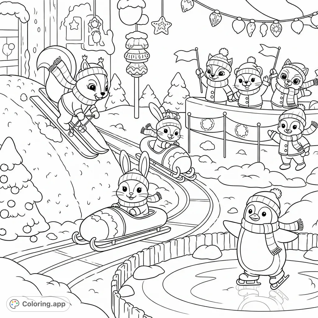 A delightful coloring page depicting cheerful, bundled-up cartoon animals competing in adorable miniature winter games within a handcrafted wonderland.
