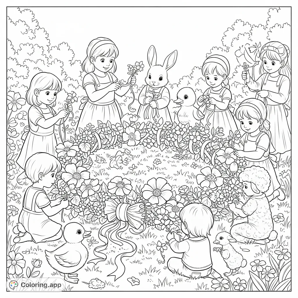 A heartwarming Mother's Day scene: children and baby animals collaborate to craft an enormous, whimsical floral crown or bouquet in a vibrant spring meadow.
