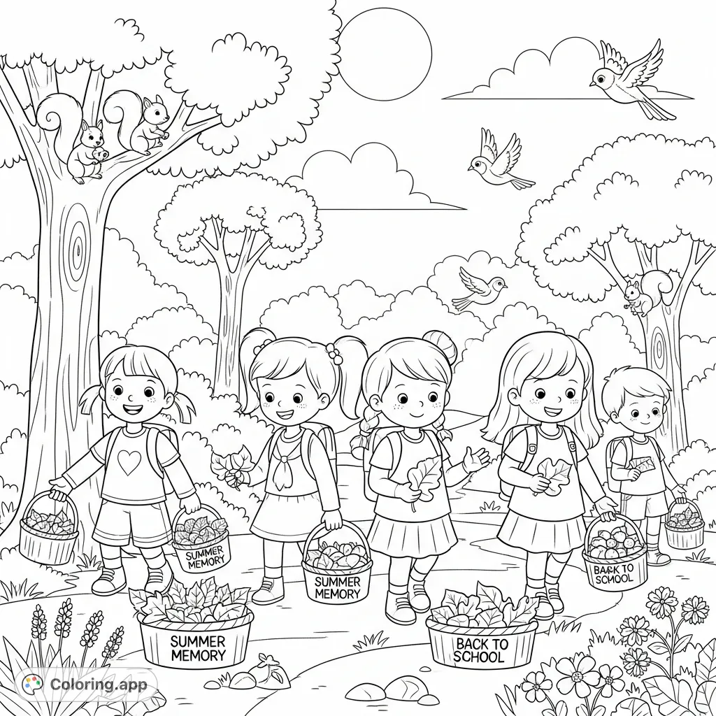 Children on a sunny park nature walk, collecting leaves, rocks, and wildflowers in 'Summer Memory' baskets, observed by playful squirrels and fluttering birds.