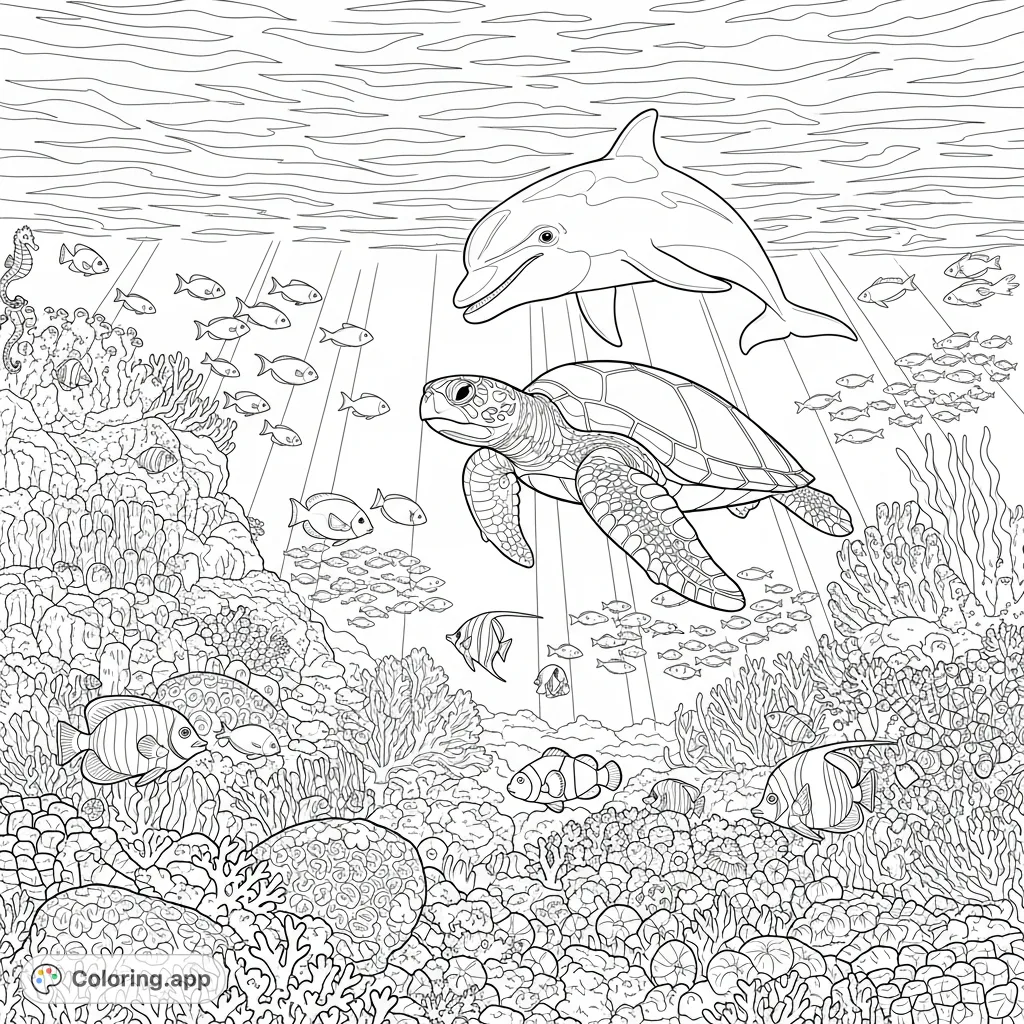 Explore a dynamic coral reef scene for World Ocean Day, featuring a graceful sea turtle, playful dolphin, and diverse fish species amidst intricate coral structures.