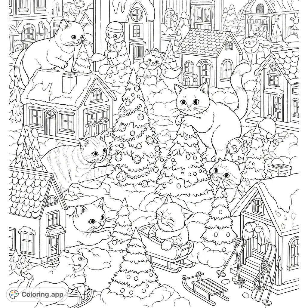 A delightful coloring page of playful cats exploring an intricate miniature indoor winter village, filled with whimsical details and festive fun.
