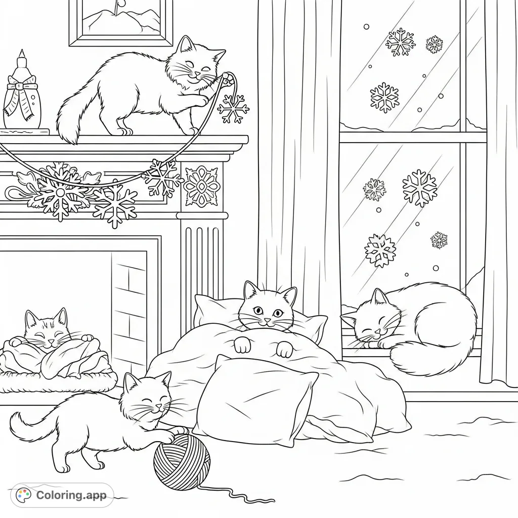 A heartwarming indoor winter scene featuring four adorable cats in playful and cozy poses amidst snowflake garlands, soft blankets, yarn balls, and paper snowflakes.