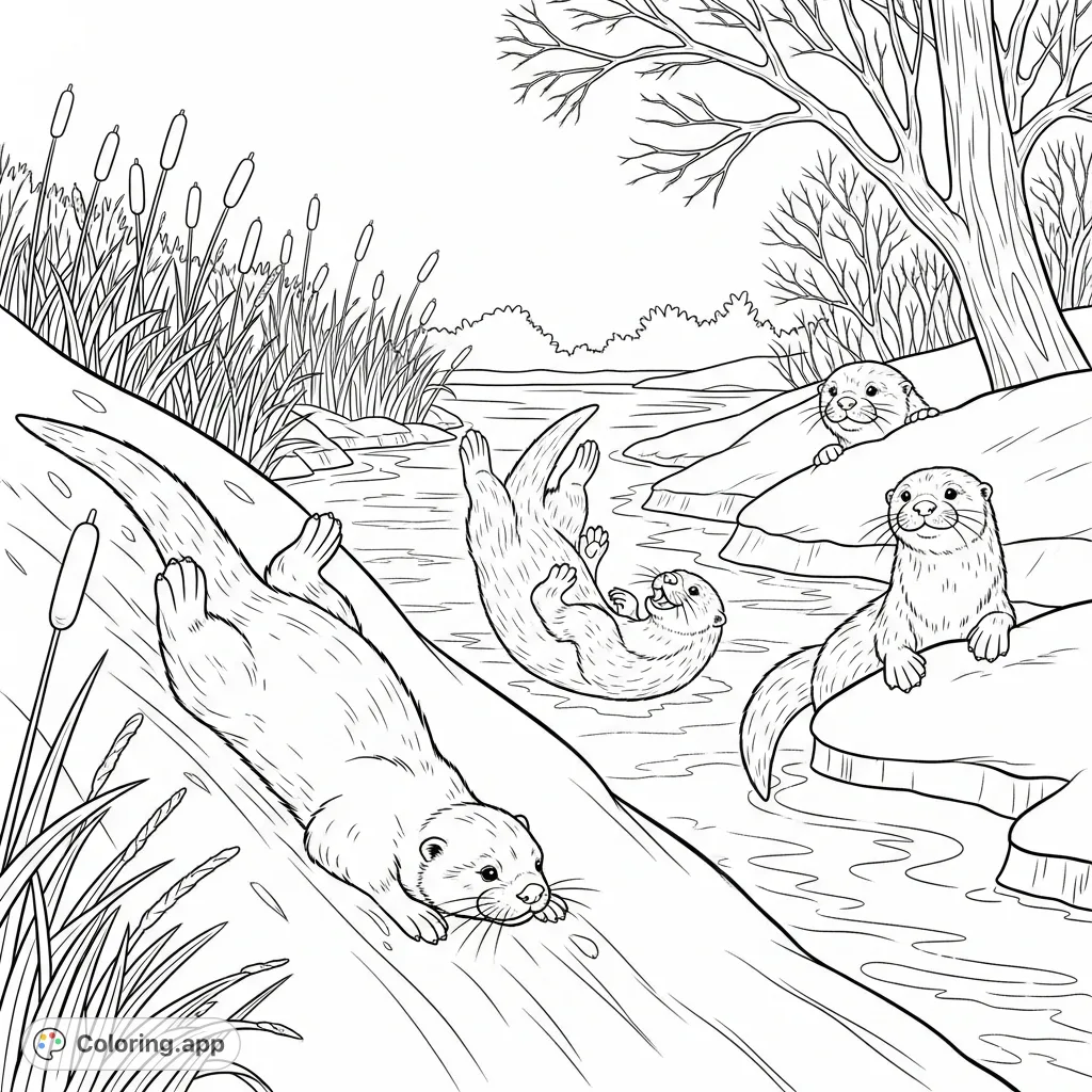 A delightful coloring page depicting joyful otters sliding and tumbling on a snowy riverbank beside a partially frozen winter river, with frosted nature.