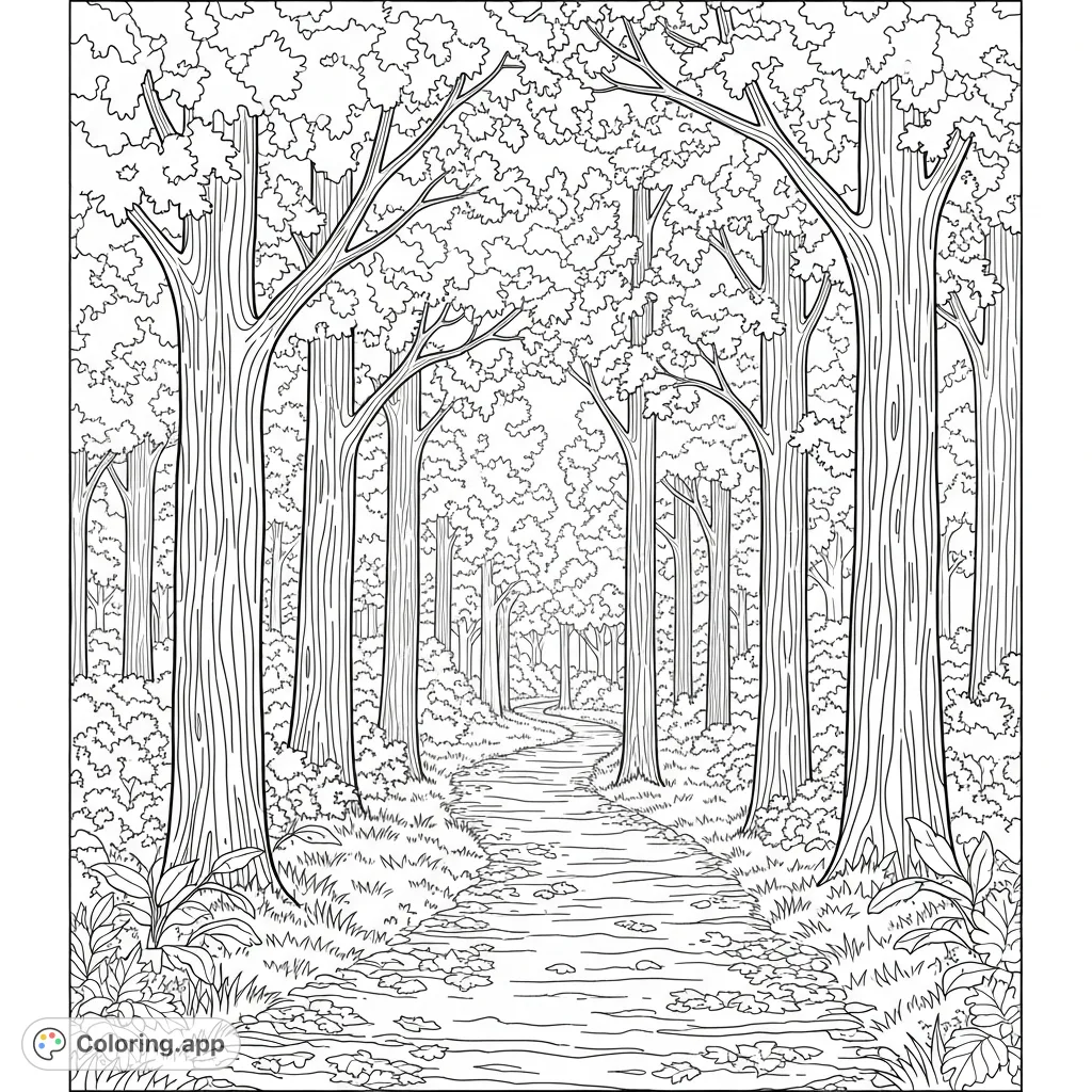 Explore a peaceful autumn forest path winding through majestic trees with vibrant fall foliage and a carpet of fallen leaves under dappled sunlight.