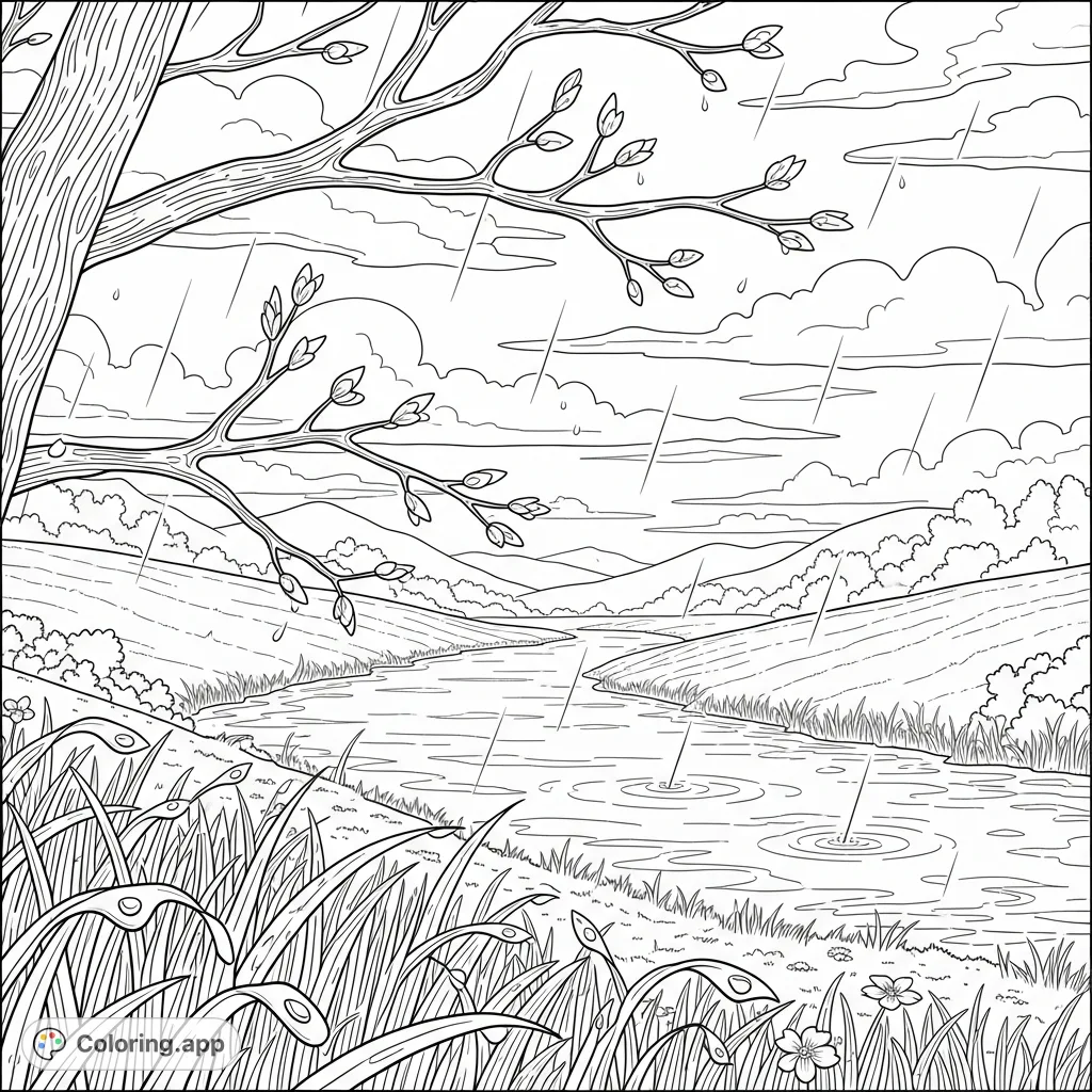 A peaceful spring landscape where gentle rain falls on budding branches and new grass. A tranquil river reflects the calm sky, with wildflowers emerging.
