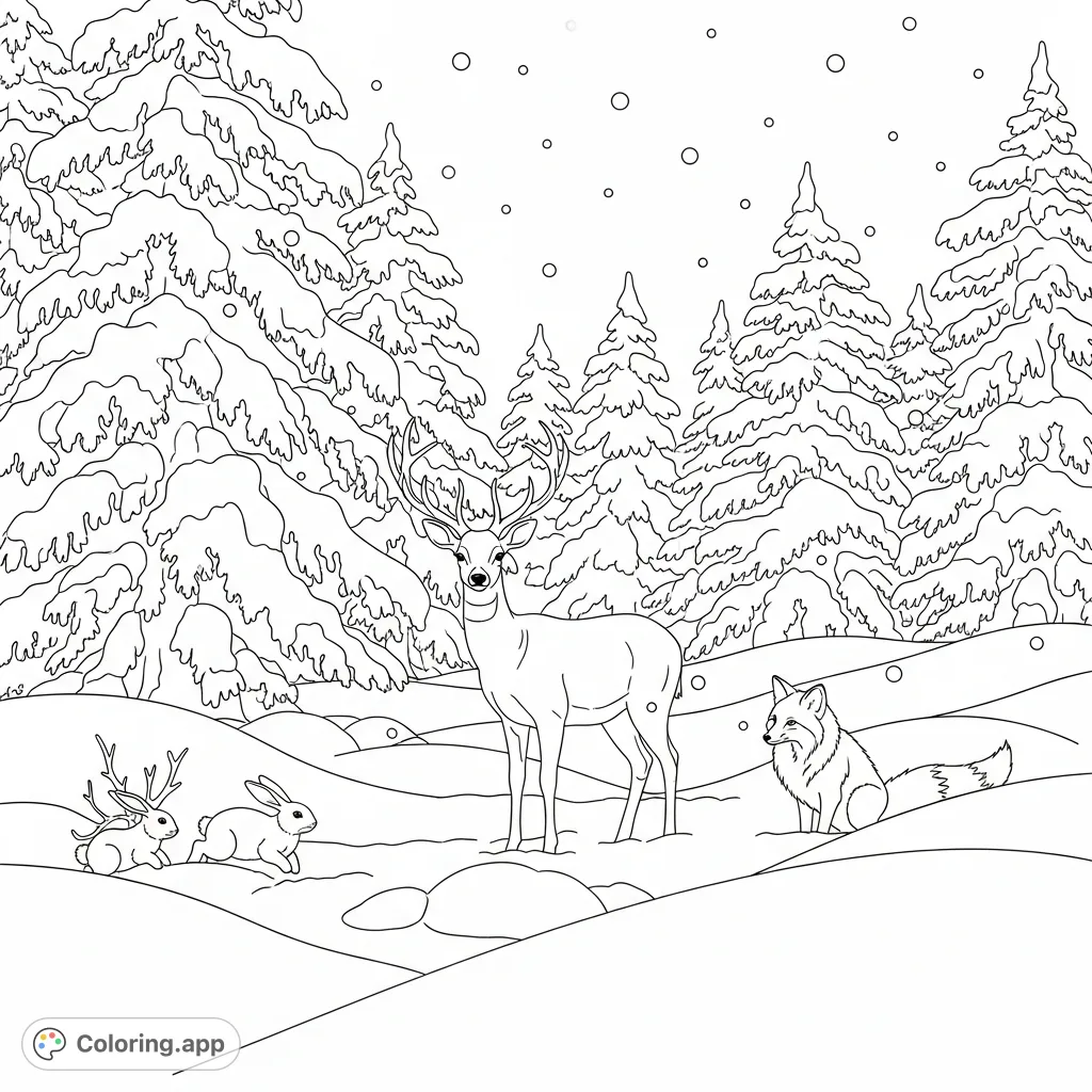 A peaceful winter forest scene featuring a graceful deer, a curious fox, and playful rabbits among snow-covered evergreen trees and falling snowflakes.