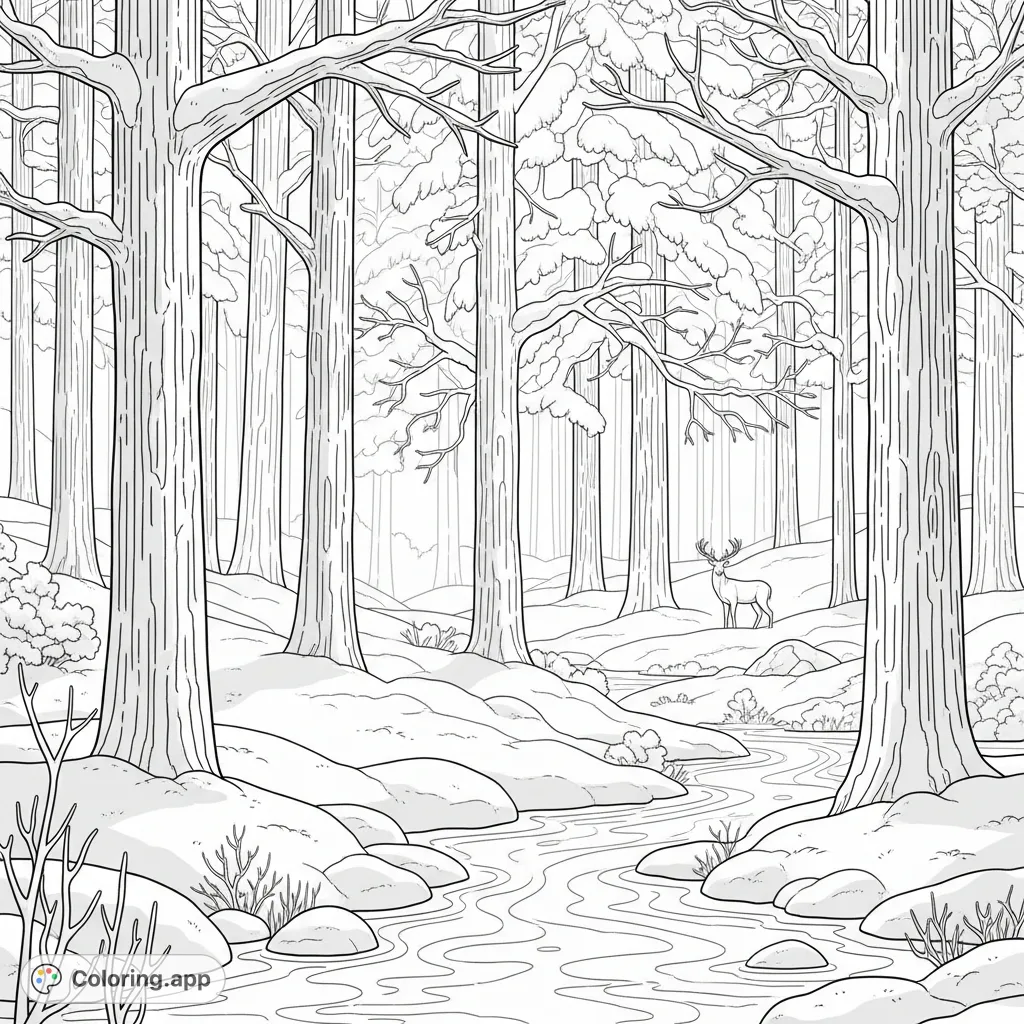 A tranquil winter forest scene with snow-draped trees, a partially frozen stream, and a peaceful deer. Perfect for meditative coloring.
