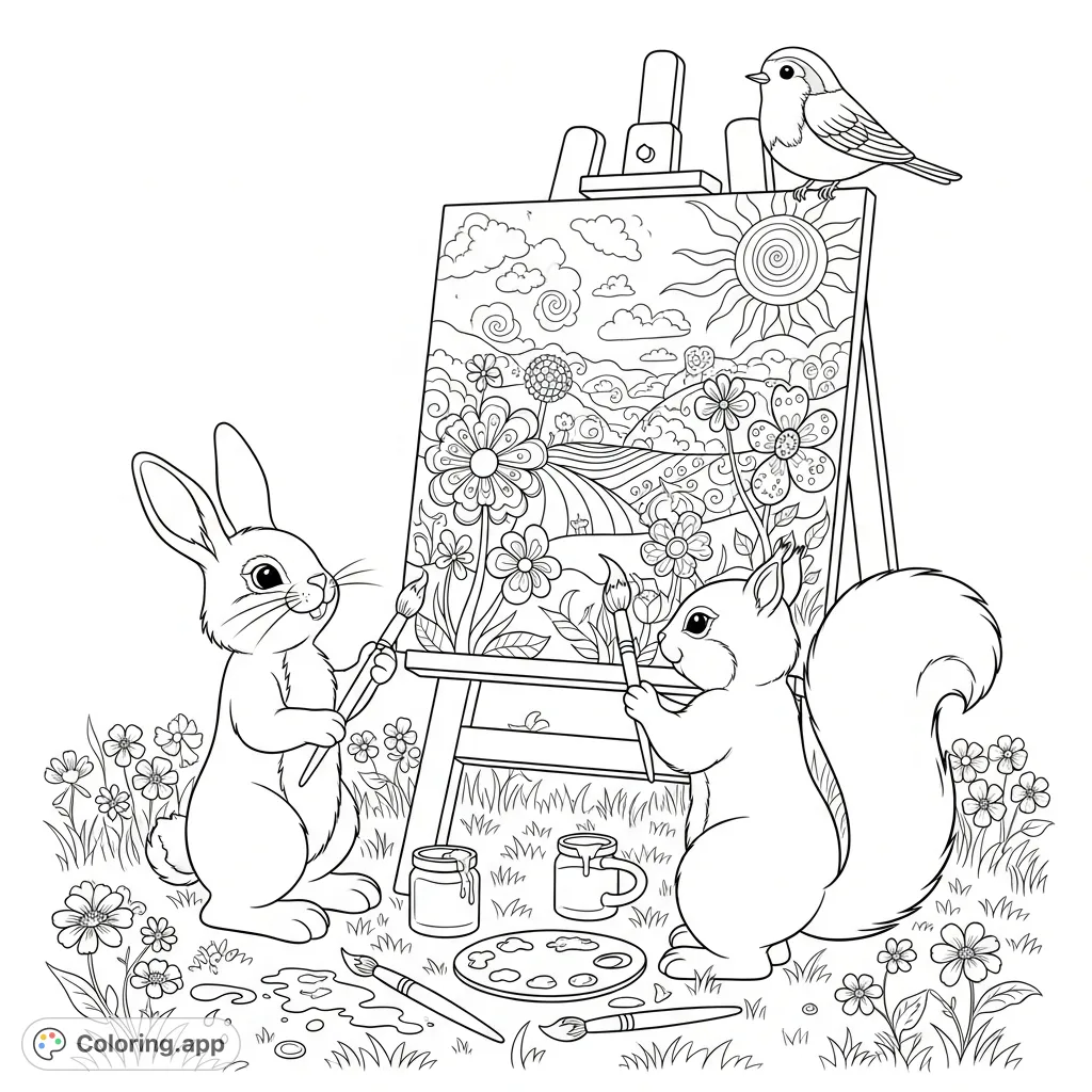 A delightful coloring page featuring spring animals collaborating on a whimsical mural in a vibrant meadow, surrounded by art supplies.