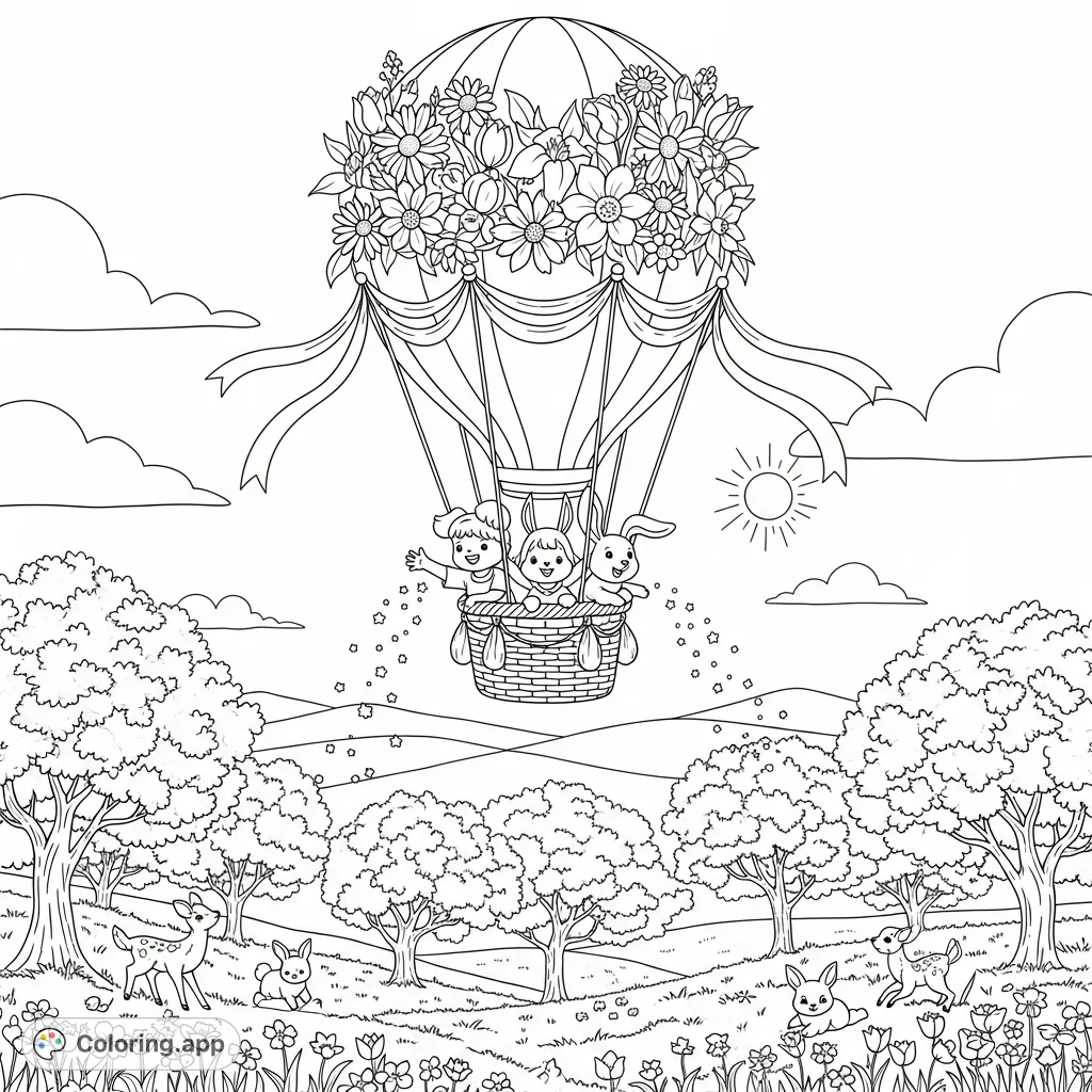 A hot air balloon adorned with spring flowers carries happy children and animals above a landscape of cherry blossom trees, bunnies, and wildflowers. A joyful scene.