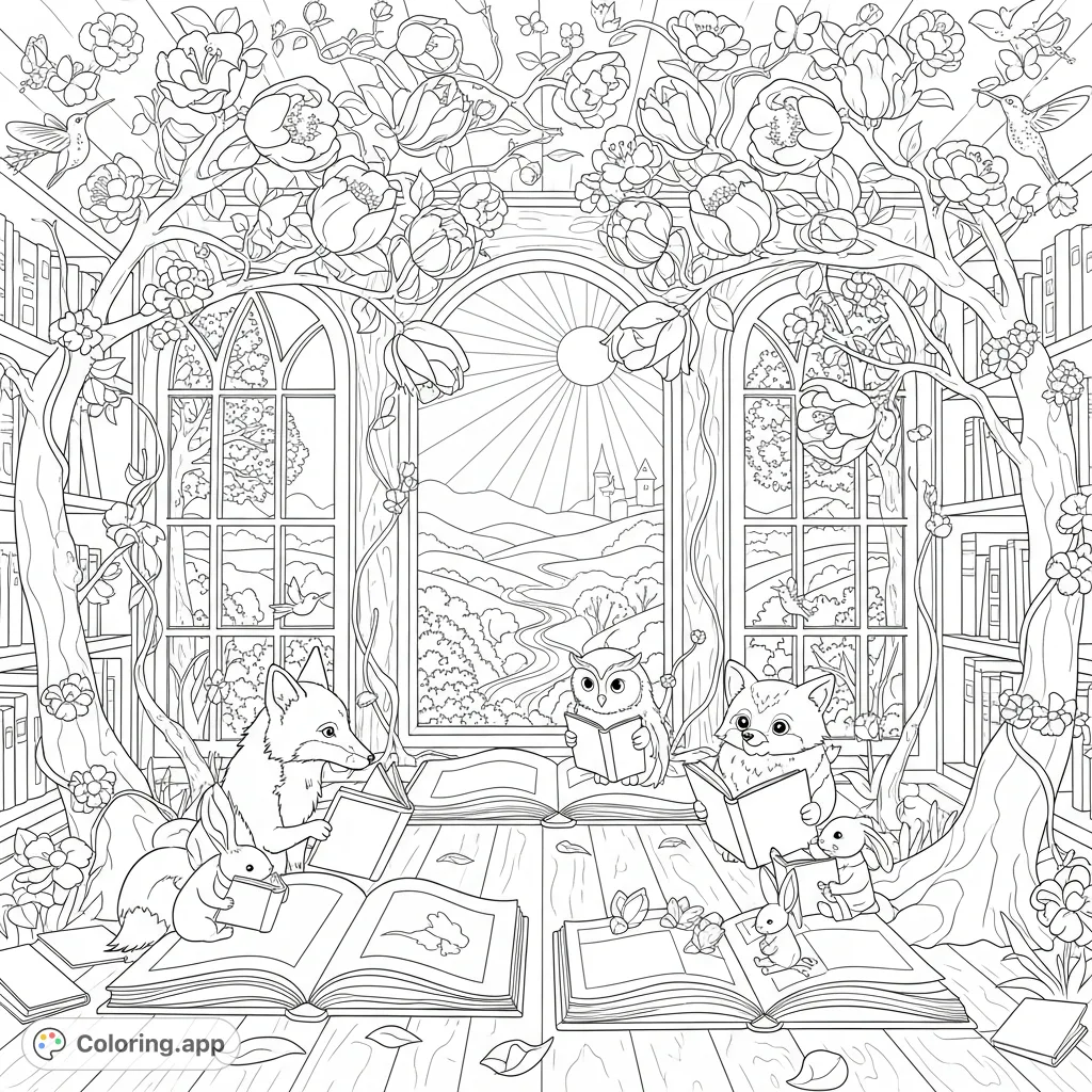 Discover a magical Spring Blossom Library where books bloom like flowers, and friendly forest creatures enjoy stories amidst a vibrant spring landscape.