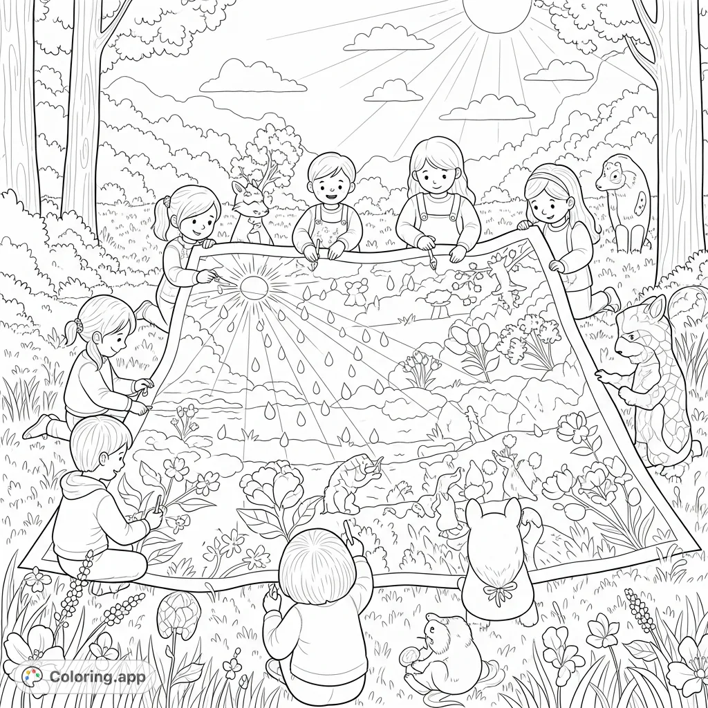 A delightful Spring Dream Tapestry being decorated by children and forest creatures, featuring intricate patterns of flowers, raindrops, and sunbeams.