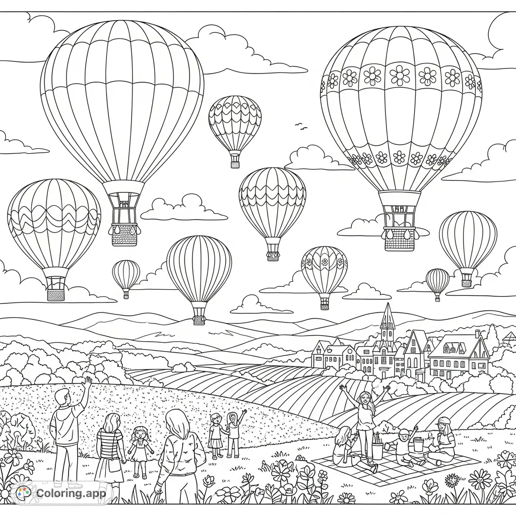 A joyful vintage-inspired spring festival with patterned hot air balloons floating over rolling hills, wildflower fields, and a charming village.