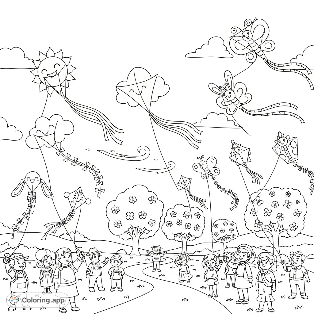 A joyful spring kite festival with whimsical cartoon characters flying creatively shaped kites, featuring blooming trees and a winding path under a clear sky.