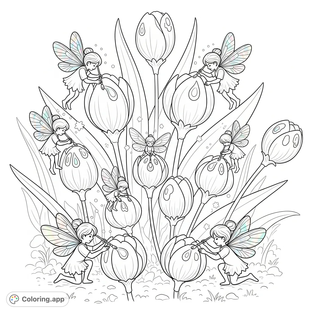 A delightful coloring page featuring tiny spring sprites with delicate wings meticulously painting vibrant colors onto newly blossoming flower petals and unfurling leaves.