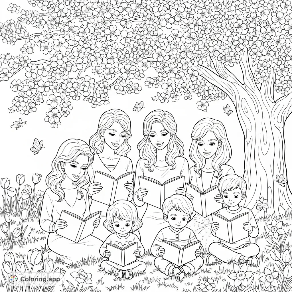 A beautiful spring scene with women and children reading storybooks under a magnificent cherry blossom tree, surrounded by cheerful flowers and butterflies.
