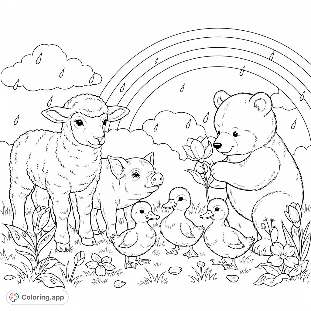 A charming scene of baby farm and zoo animals playing amongst spring flowers, with gentle raindrops and a soft rainbow in the background, celebrating new beginnings.