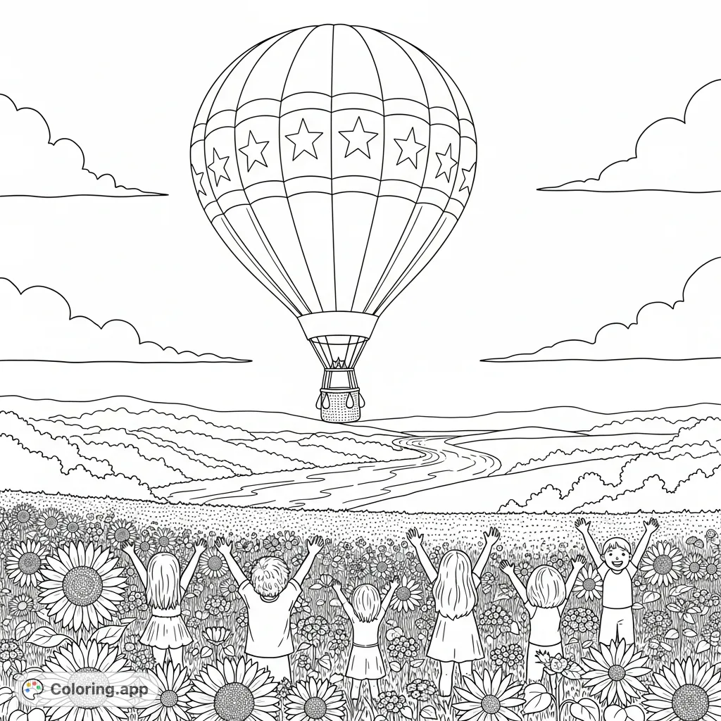 A majestic hot air balloon with stars and stripes ascends over a summer field. Children wave among sunflowers, as a sparkling river meanders below.