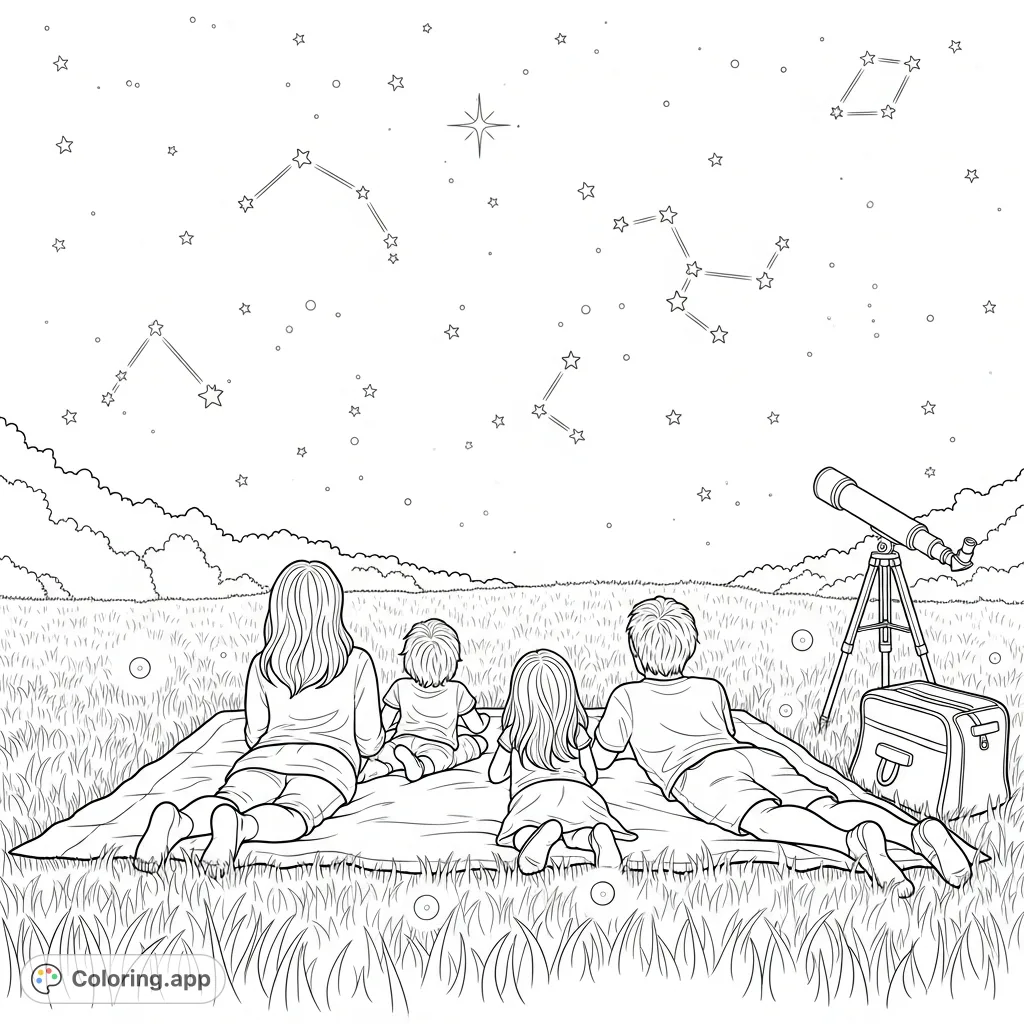 A family relaxes under a vast, star-filled summer night sky, complete with twinkling constellations, fireflies, and a telescope for celestial exploration.