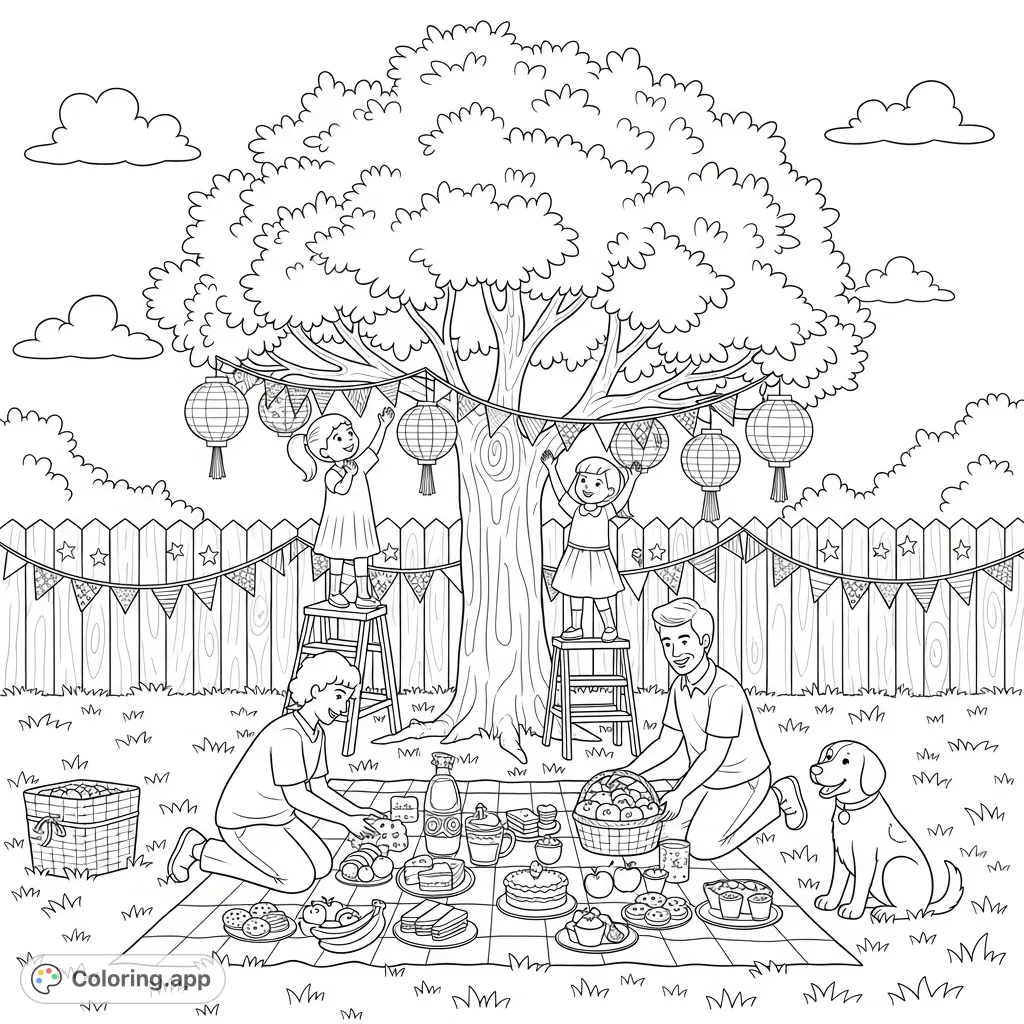 A heartwarming coloring page depicting a family setting up a festive summer barbecue in their backyard, complete with playful children, delicious treats, and a happy dog.