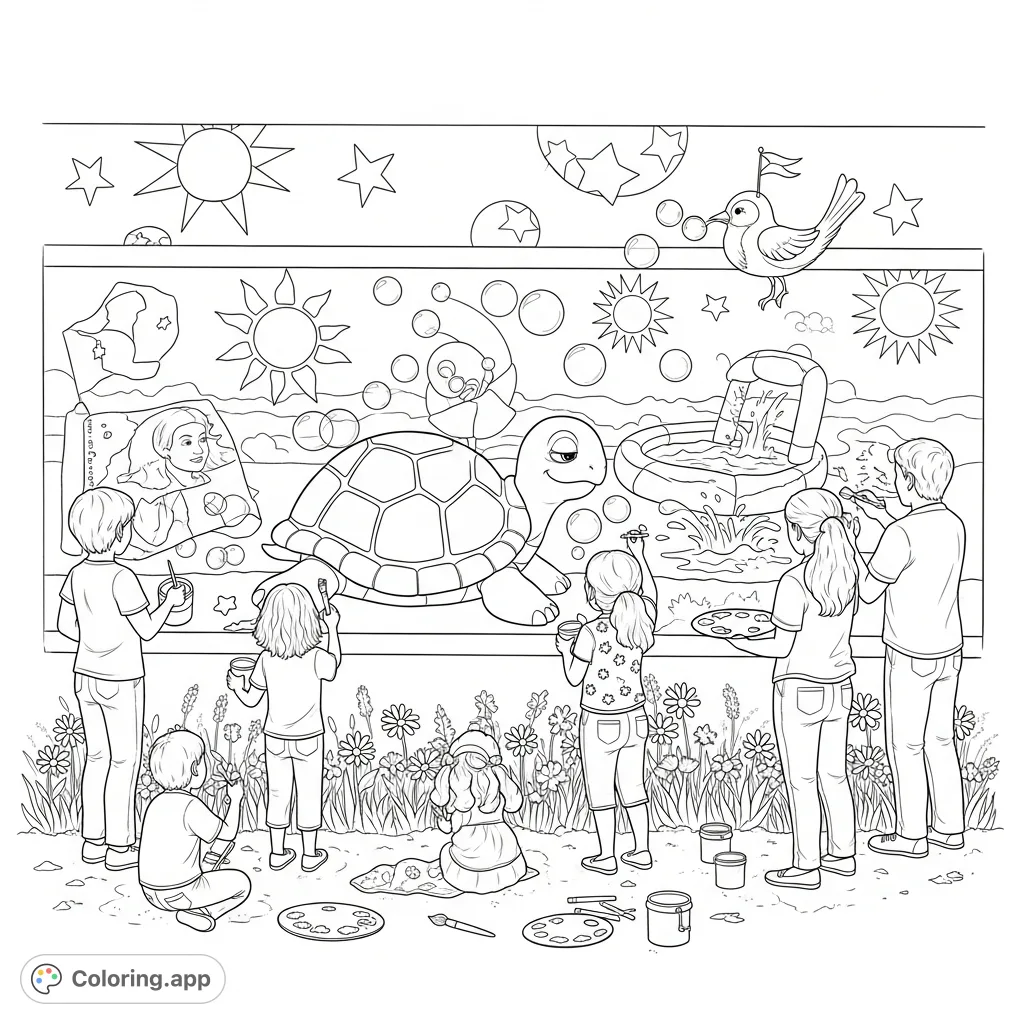 A detailed community mural scene with diverse people painting playful summer elements: suns, stars, animals, and wildflowers. Celebrate creativity!