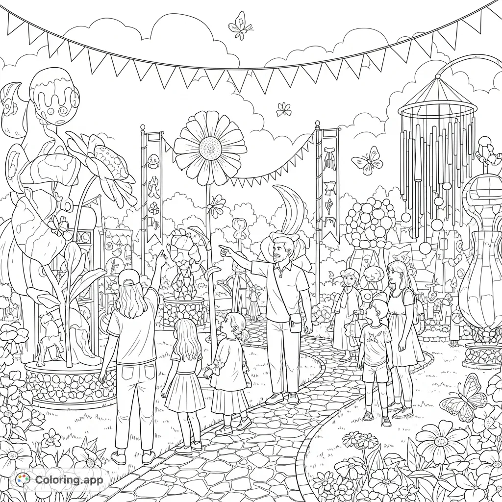 A lively outdoor art festival set in a sunny garden, featuring whimsical sculptures, mosaic paths, fluttering banners, and joyful visitors amidst blooming flowers.