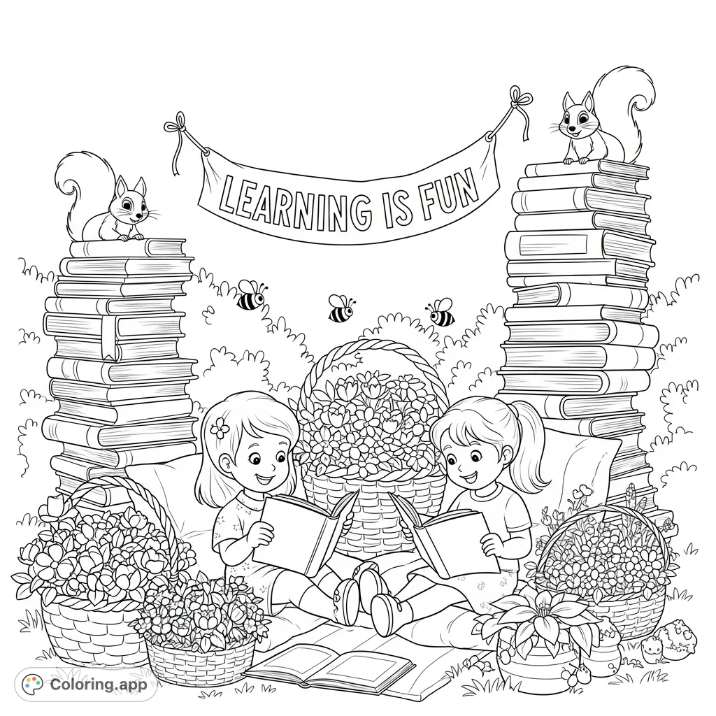 A delightful outdoor reading nook with children, flowers, bees, squirrels, and books in a sunny garden, featuring a 'Learning is Fun' banner. Perfect for summer.