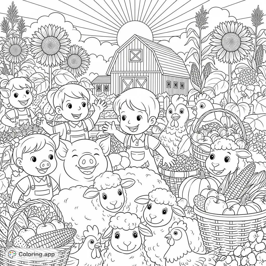 Celebrate the season's bounty with this joyful farm festival coloring page! Smiling animals, happy children, and overflowing harvest delights await your colors.