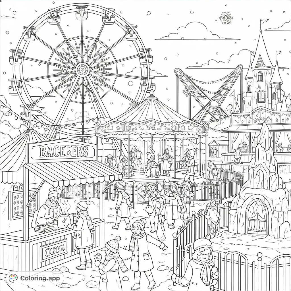 A detailed vintage winter carnival scene with classic rides, festive lights, visitors in retro attire, an ice castle sculpture, and falling snowflakes under a crisp sky.