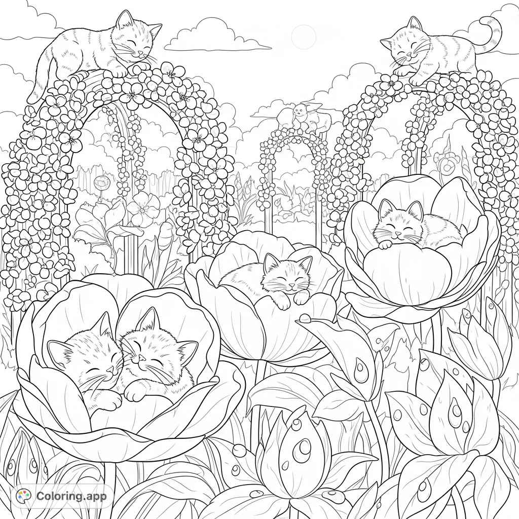 A delightful scene with playful kittens exploring a whimsical playground intertwined with a vibrant spring garden, featuring blossoming trellises and giant flower petals.