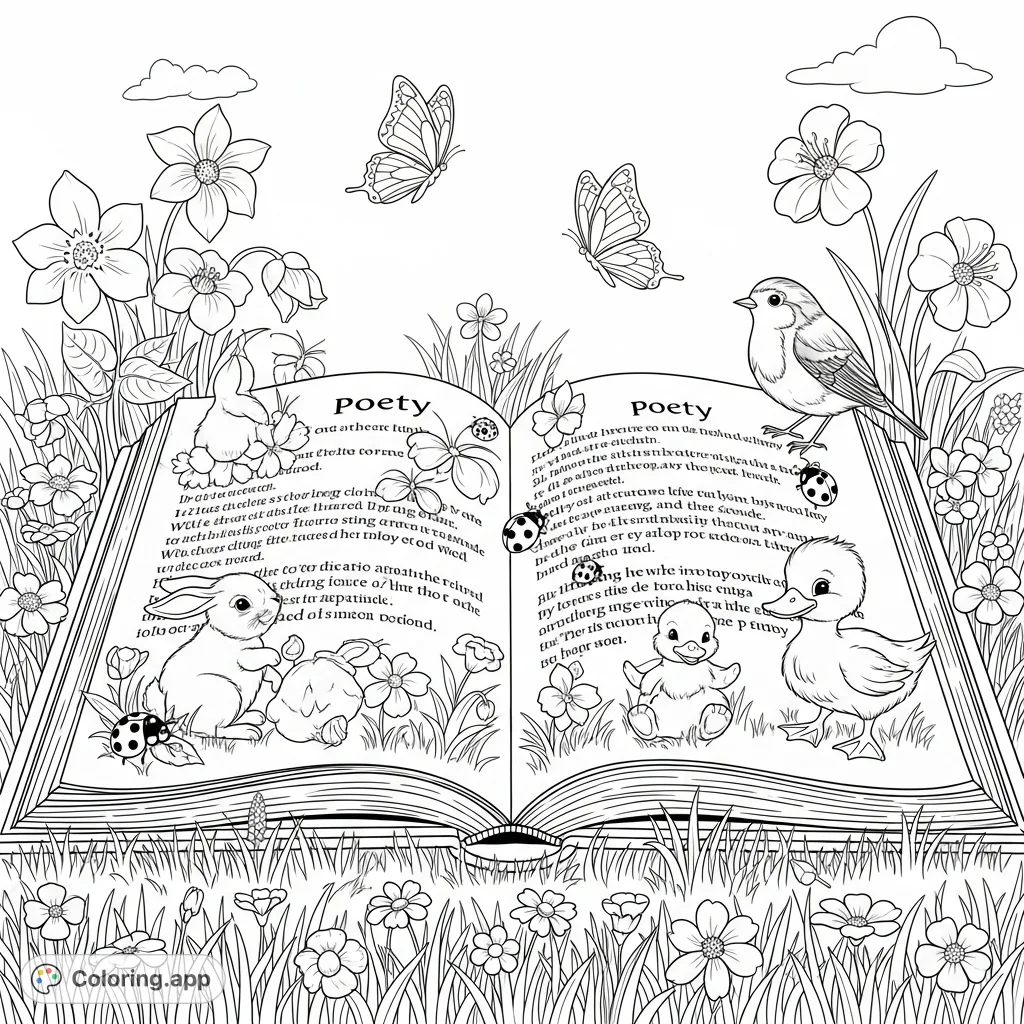 A delightful coloring page featuring a giant open poetry book in a spring meadow, adorned with flowers, baby animals, butterflies, and a robin.