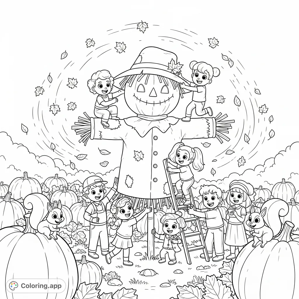A joyful autumn scene with diverse cartoon characters building a giant scarecrow amidst swirling leaves and playful squirrels in a vibrant pumpkin patch.